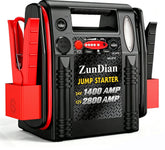 ZunDian jump starter front view showing rugged power unit for reliable starts.