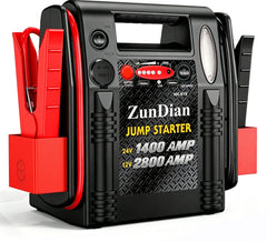 ZunDian jump starter front view showing rugged power unit for reliable starts.