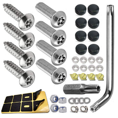 ZXFOOG anti-theft license plate screws securing a plate on a vehicle