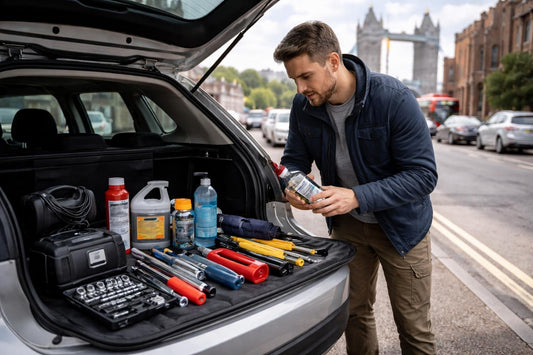 London driver inspecting automotive parts and tools