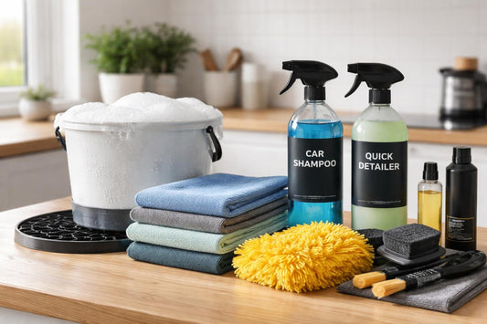 Beginner car care essentials kit with shampoo and microfibres
