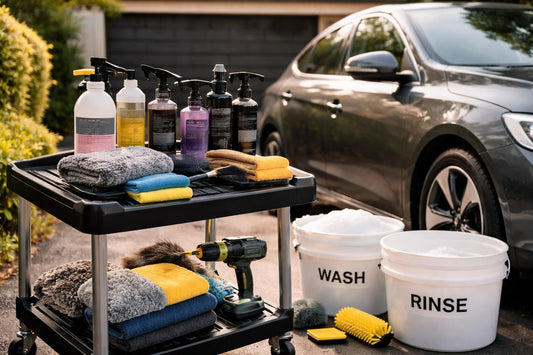 Beginner-friendly car cleaning products laid out for easy use