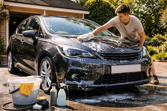 Beginner washing a car for a glossy showroom finish