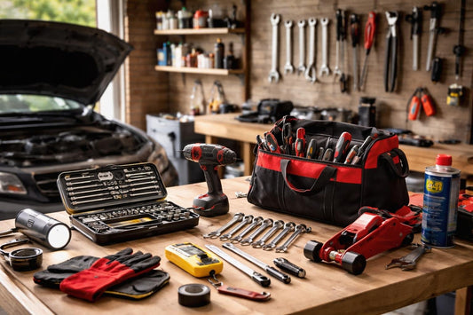Beginner home garage automotive tools laid out on bench