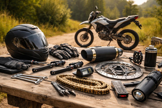 Beginner motorcycle parts laid out for safe upgrades