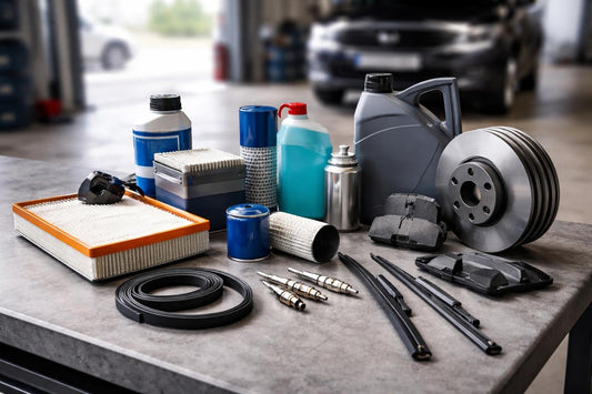 Beginner automotive replacement parts laid out for easy servicing