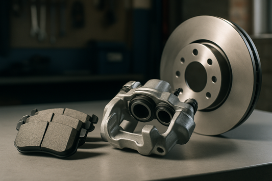 New ceramic brake pads, caliper and disc on a workbench in a UK garage from PlentyTorque