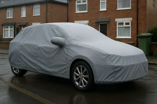 Breathable car cover fitted over a hatchback on a rainy UK driveway, PlentyTorque