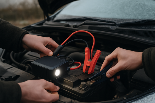 Portable jump starter clamped to a car battery on a frosty UK morning, PlentyTorque