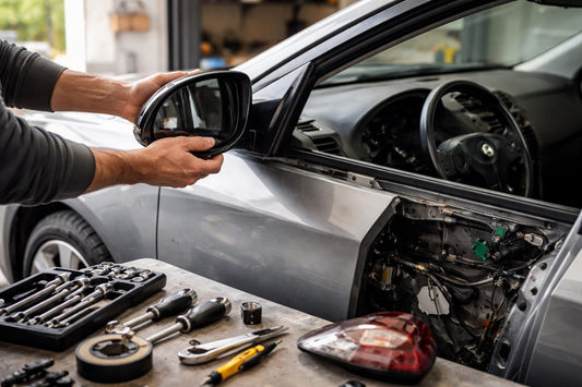 Mechanic replacing car mirror and trim panel