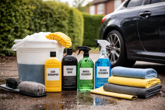 Budget car detailing kit with wash, wax and microfibres