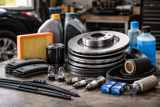 Budget car replacement parts laid out for UK maintenance