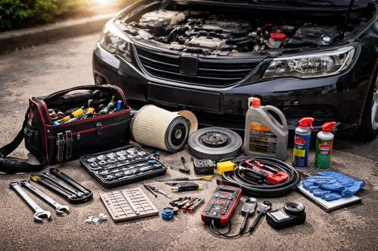 Beginner car DIY toolkit with common automotive parts