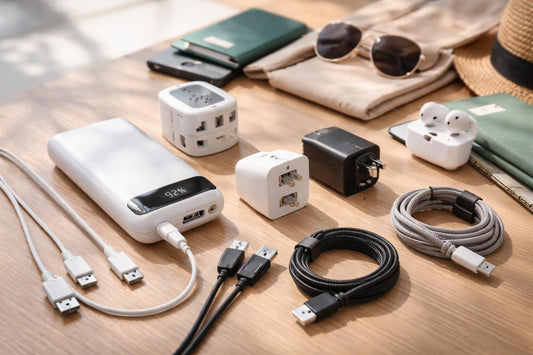 Budget chargers, cables and travel tech on a table