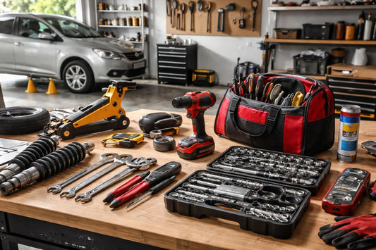 Budget home garage automotive tools laid out on bench