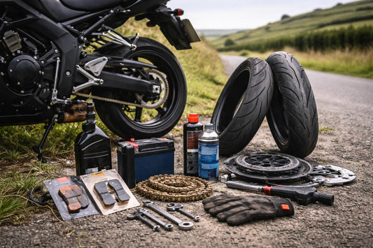 Budget motorcycle parts laid out for routine maintenance
