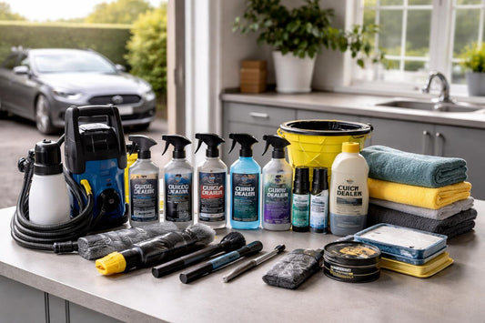 Budget UK home detailing kit essentials laid out neatly