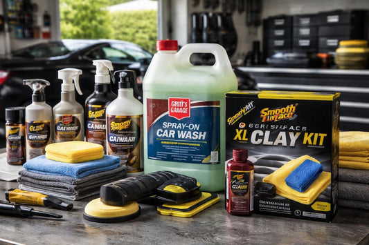 variety of car care products on a workbench