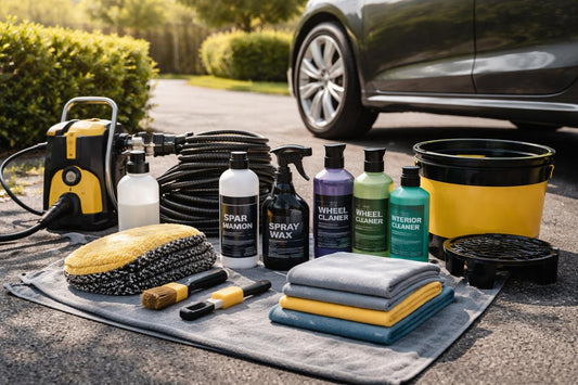 UK car detailing kit laid out on driveway