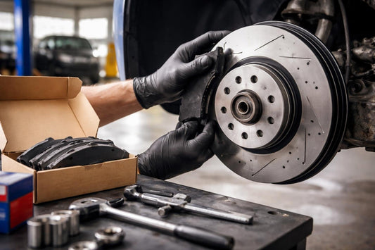 Car brake disc and pads being checked for fitment