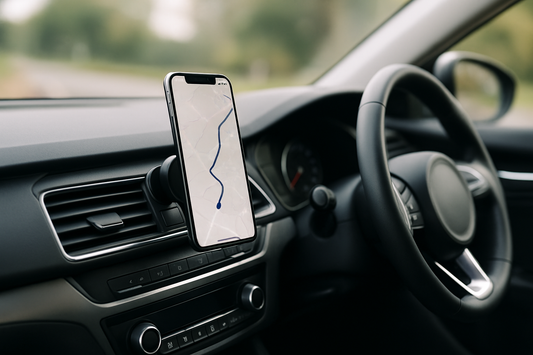 Phone in a magnetic vent mount running sat-nav on a UK car dashboard, PlentyTorque