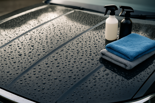 Water beading on a car's protected paintwork comparing ceramic coating, wax and sealant, PlentyTorque UK guide