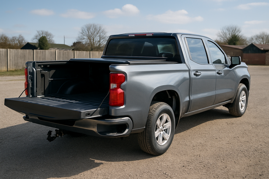 Chevy Silverado with trailer hitch, tonneau cover and bed liner fitted in a UK yard, PlentyTorque
