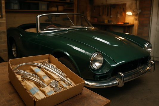 Classic car restoration with boxed NOS trim parts on a workbench sourced through PlentyTorque