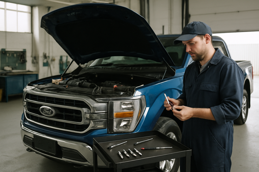 Mechanic fitting new spark plugs to a Ford F-150 engine in a UK workshop, PlentyTorque parts