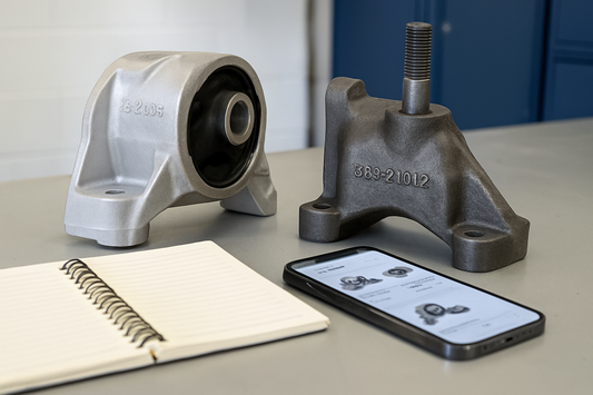 Comparing OE and aftermarket car part numbers on a workbench, cross-referencing with PlentyTorque
