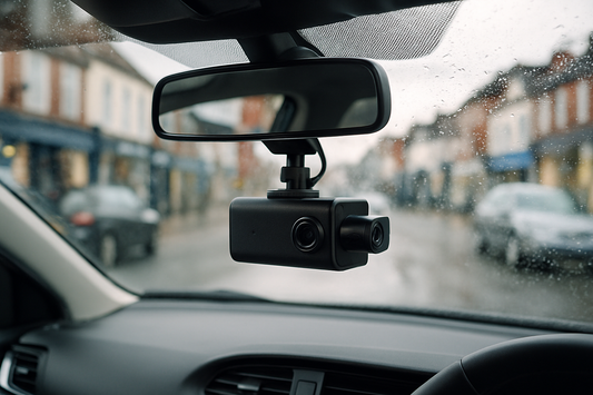 Front-and-rear dash cam fitted behind the mirror of a UK car on a wet British road, PlentyTorque