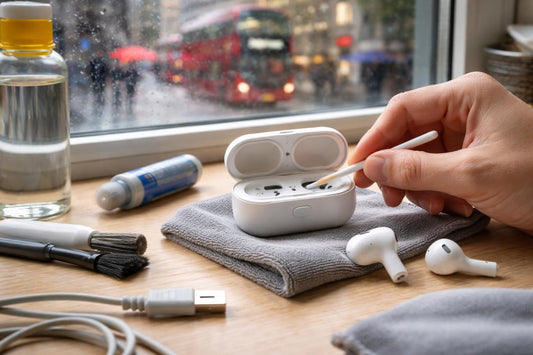 Wireless earbuds charging case being cleaned