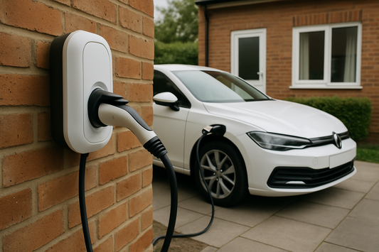 Type 2 cable plugged into a home wallbox charging an EV on a UK driveway, PlentyTorque