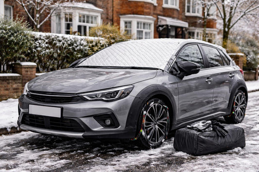 London car with winter exterior protection accessories