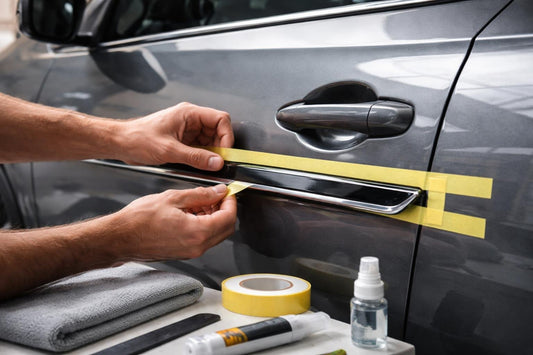 Hands fitting exterior car trim with masking tape guides
