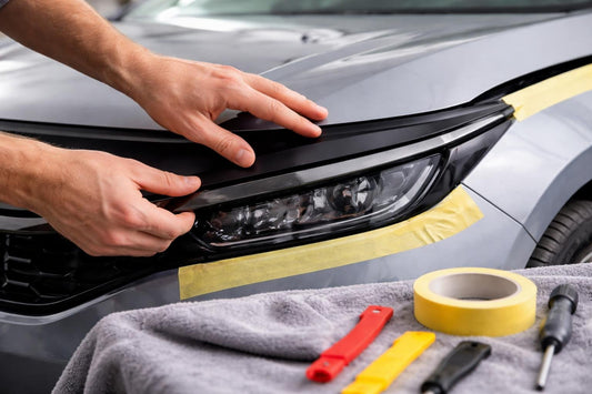 Hands fitting car trim with masking tape protection