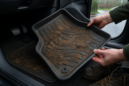 Custom-fit rubber floor liner being fitted into a car footwell on a wet UK day, PlentyTorque