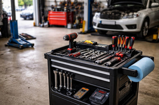 garage tools and workshop equipment on trolley