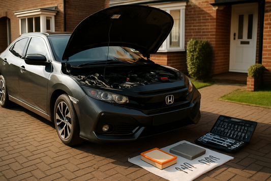 Honda Civic service parts including filters and spark plugs laid out on a UK driveway, PlentyTorque
