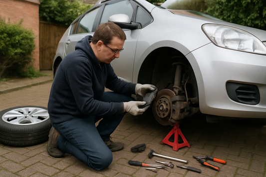 Home mechanic fitting new front brake pads to a hatchback on a UK driveway, DIY guide by PlentyTorque