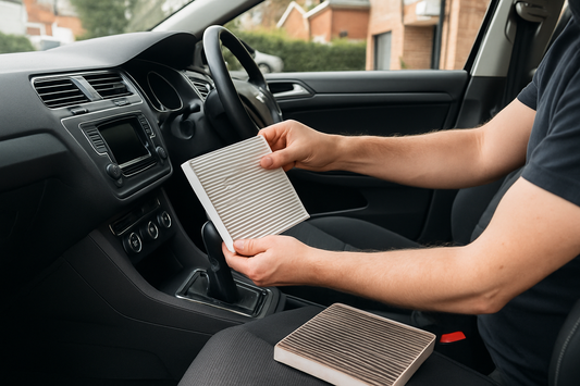 Fitting a new cabin air filter behind a car glovebox on a UK driveway, PlentyTorque guide