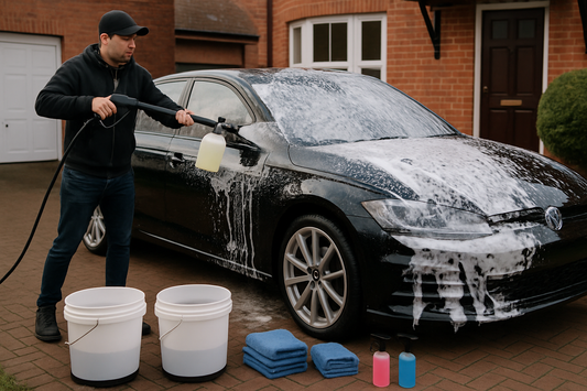 Detailing a black car with snow foam and microfibre towels on a UK driveway, PlentyTorque kit guide