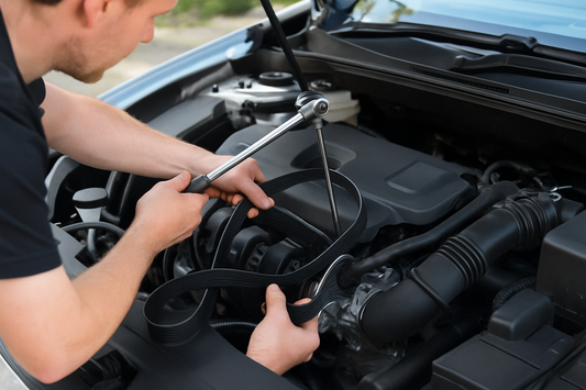 Releasing the tensioner to fit a new serpentine belt in a car engine bay, PlentyTorque UK guide