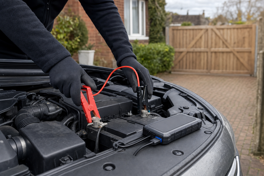 Jump-starting a car battery safely with a portable jump pack on a UK driveway, PlentyTorque guide