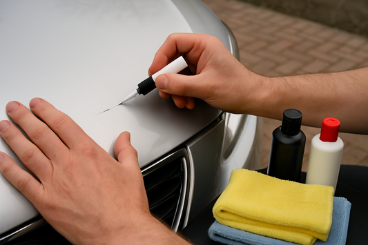 Applying touch-up paint pen to a scratch on a silver car on a UK driveway with PlentyTorque supplies