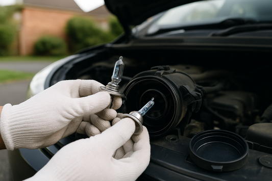 Gloved hands fitting a new headlight bulb under a car bonnet on a UK driveway, PlentyTorque guide