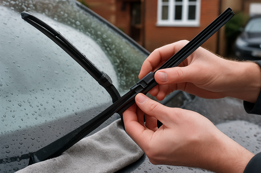 Hands fitting a new windscreen wiper blade to a car on a UK driveway, fitting guide by PlentyTorque