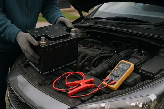 Testing and fitting a new car battery in an engine bay on a UK driveway, PlentyTorque guide
