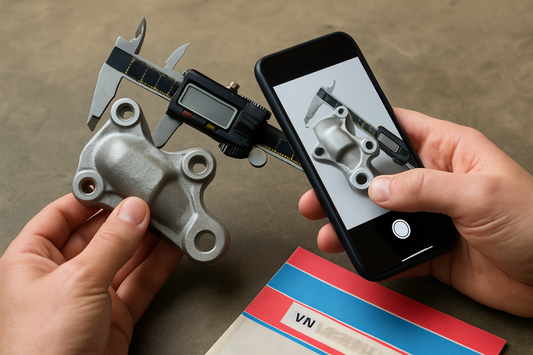Identifying an unmarked car part with callipers, photos and VIN on a UK workbench at PlentyTorque