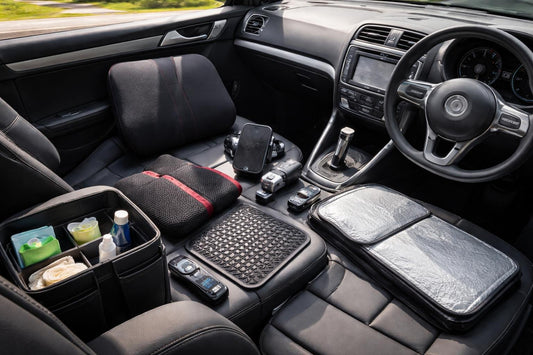 Right hand drive car interior accessories laid out
